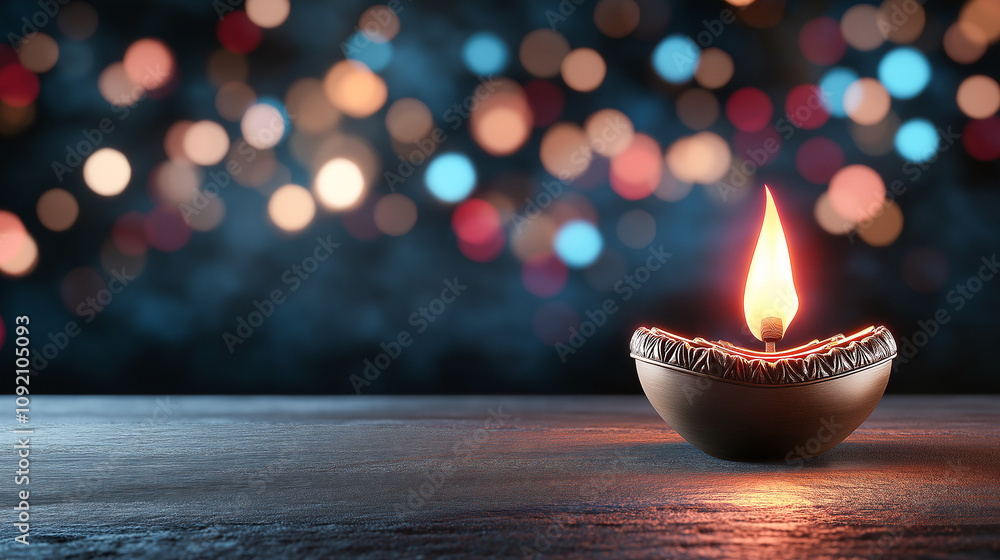 Poster lit diwali diya lamp on wooden surface with colorful bokeh lights in background, creating festive an