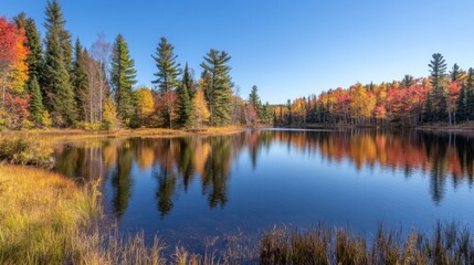 Fototapeta premium Autumnal Forest Reflecting in a Still Lake
