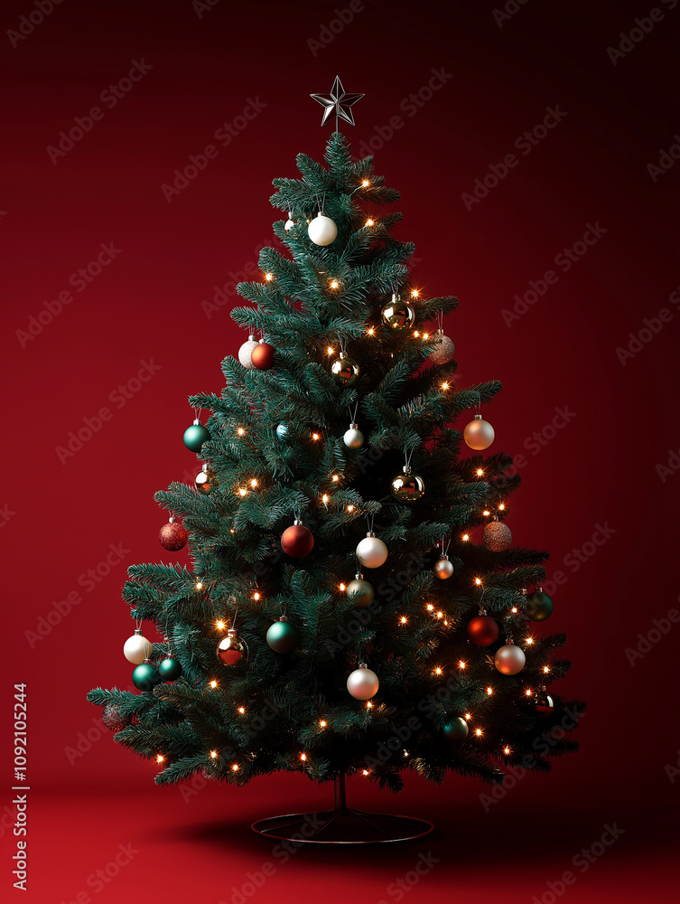 Aufkleber christmas tree shining with lights and ornaments on red background