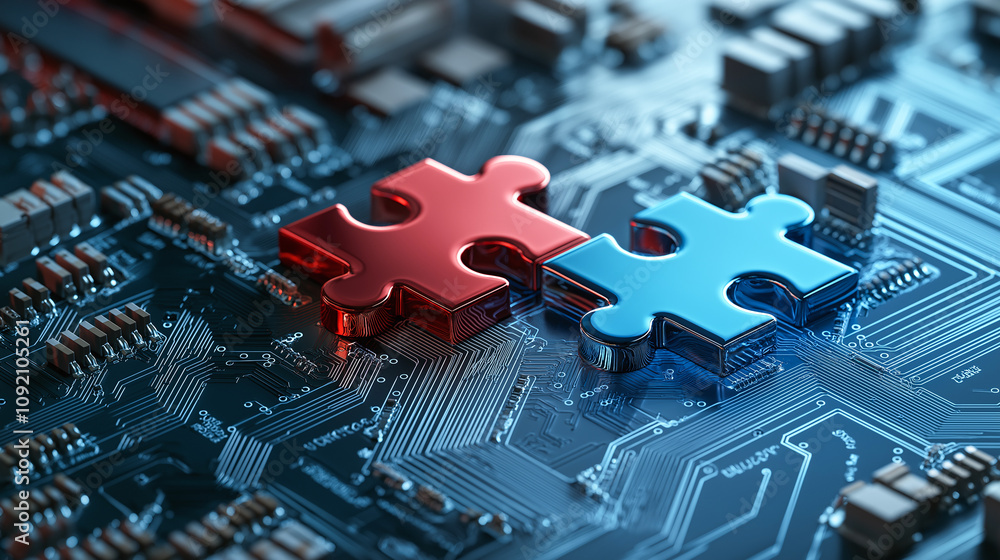 Poster two digital puzzle pieces, one red and one blue, interlock on complex circuit board, symbolizing tec