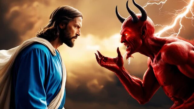 A dramatic face-to-face encounter between Jesus and a red demon with horns and glowing eyes, symbolizing the eternal struggle between good and evil in a cinematic, powerful moment.





