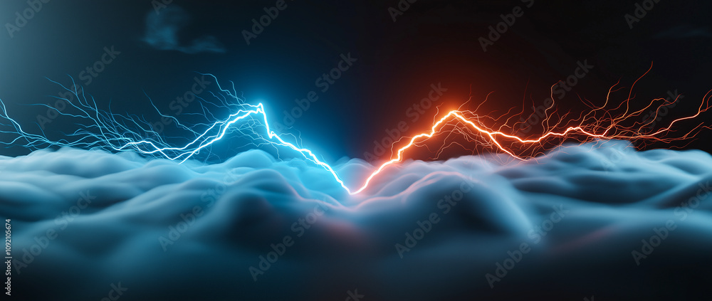 Poster dynamic 3d render of abstract background with glowing blue and orange lightning bolts over cloudscap