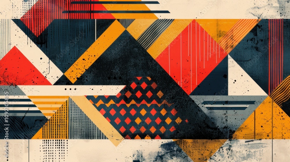 Poster abstract geometric pattern with textured triangles in red, yellow, and black.