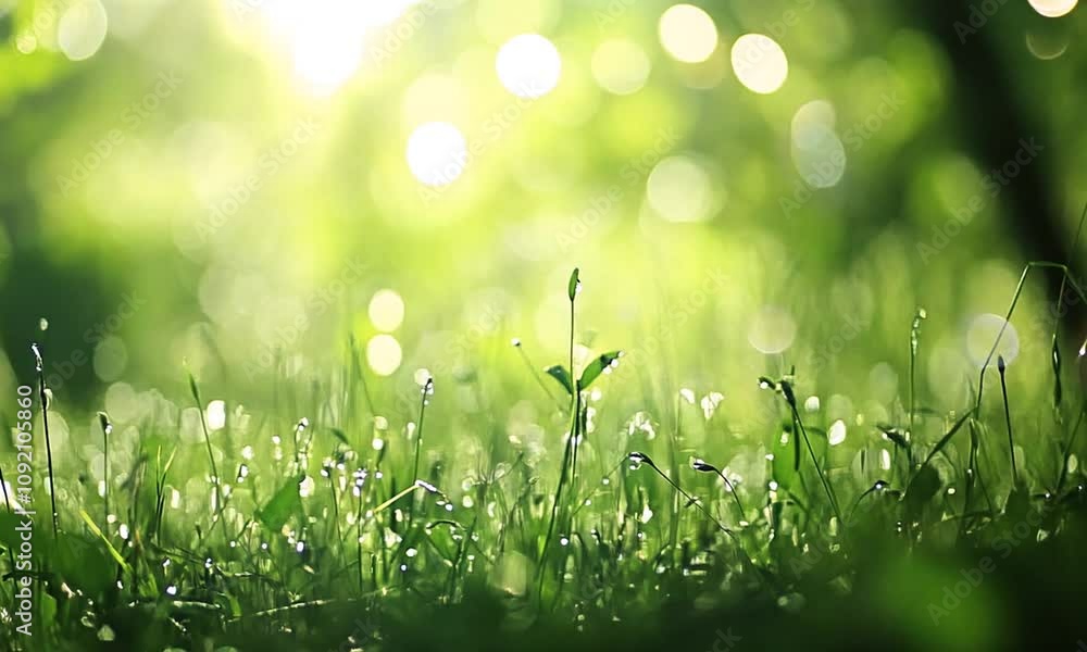 Poster sunlit dewy grass closeup in a tranquil green nature setting : generative ai