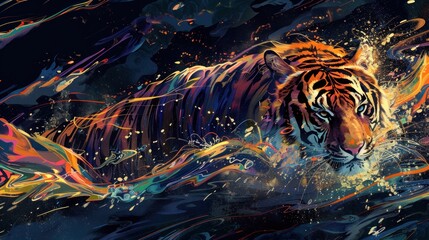 A majestic tiger swims through vibrant, swirling water, its fur shimmering with iridescent colors.