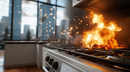kitchen stove is engulfed in flames, with sparks flying in modern apartment setting. Large windows reveal cityscape in background, creating dramatic contrast