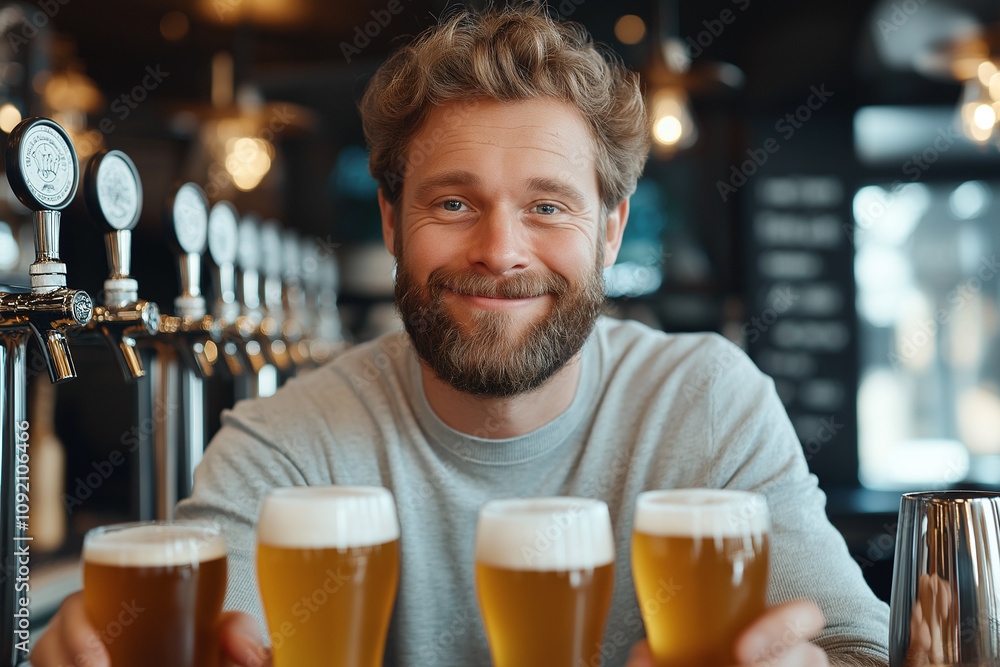 Poster man with beard smiles while holding four glasses of beer in bar setting, with multiple taps visible 