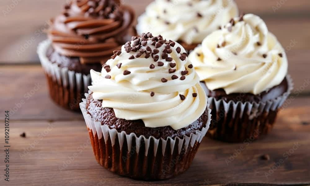 Poster delicious chocolate and vanilla cupcakes with creamy frosting displayed on rustic wooden table : gen