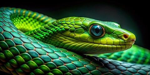 Captivating Portrait of a Small Green Snake in Low Light, Showcasing Its Intricate Scales and Natural Beauty, Perfect for Nature Lovers and Wildlife Enthusiasts