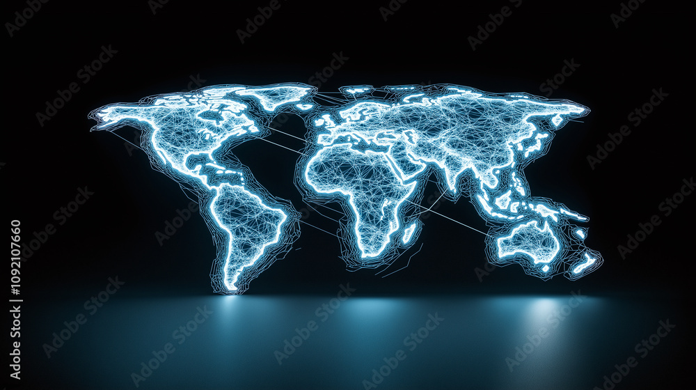 Poster glowing digital map of world with interconnected lines on dark background, symbolizing global connec