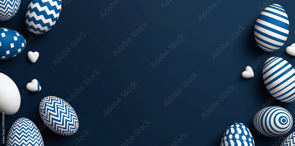 Poster blue and white easter eggs with various patterns are arranged on dark background, creating festive a