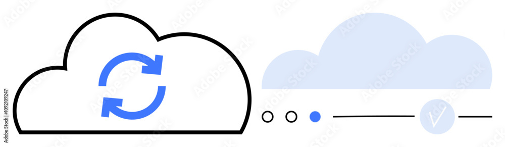 Poster flat icon with one cloud containing sync arrows, another showing progress and completion verificatio
