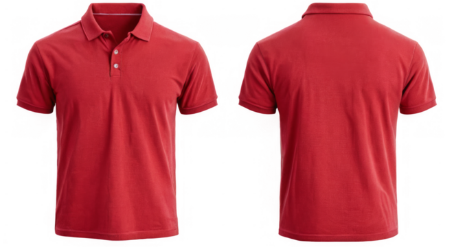 Two red polo shirts side by are Front and back