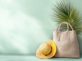 A yellow straw hat sits on a table next to a tan bag