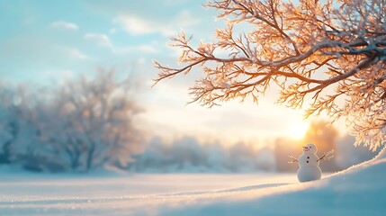 Winter wonderland scene with snowman under tree outdoor landscape serene atmosphere nature's beauty