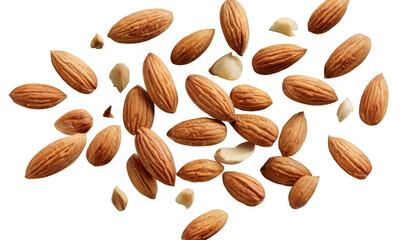 Group almonds falling down black background are different Flying cut out