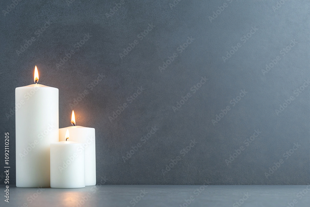 Poster three white candles of varying sizes are lit on minimalist gray table, creating serene and calming a