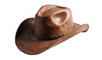Brown leather cowboy hat has wide brim cut out