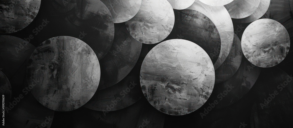 Poster abstract grayscale image of overlapping circles with textured surfaces, creating a dynamic compositi