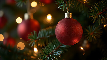 Obraz premium Red Christmas baubles on a decorated Christmas tree. Concept of winter holidays, celebration, and festive season.