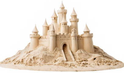Sandcastle hill made light-colored material has multiple towers Sand castle cut out