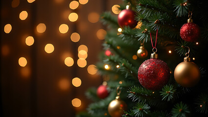 Obraz premium Christmas tree with red and gold ornaments. Concept of winter holidays, celebration, and festive season.