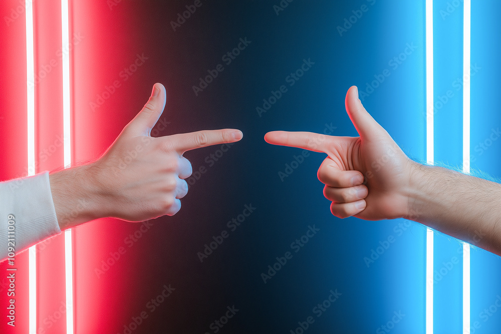 Poster two hands pointing at each other with neon red and blue lights in background, creating dynamic and c