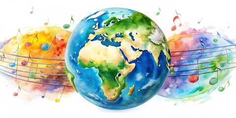 Naklejka premium Watercolor Earth Globe Surrounded by Music Notes, Earth Day, Music Festival