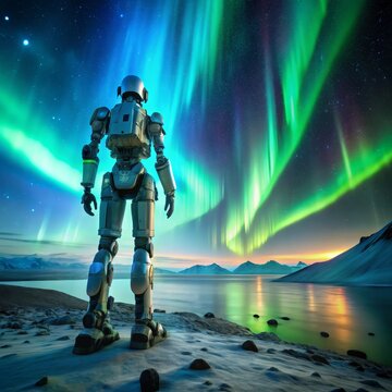 Robot Witnessing the Aurora Borealis, digital art, futuristic , space exploration