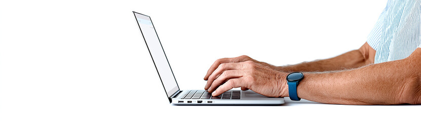 person typing on laptop with focus on hands and smartwatch, isolated on white