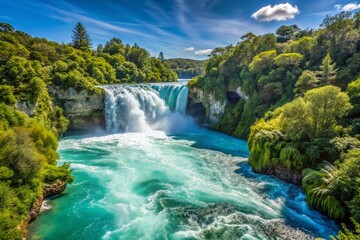 Captivating Portrait Photography of Huka Falls on the Waikato River Surrounded by Lush Greenery and Vibrant Blue Waters, Showcasing Nature's Majestic Beauty in New Zealand