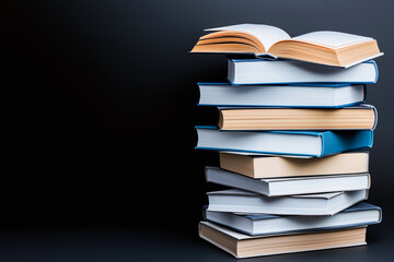 stack of books with colorful covers against dark background, showcasing variety of genres and styles. open book on top adds dynamic touch to composition