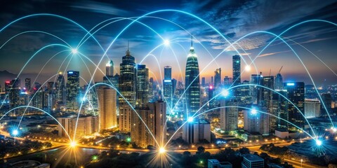 Fototapeta premium Night cityscape with glowing lines connecting buildings, representing a network of communication and technology, city lights, urban, aerial, night photography, skyline