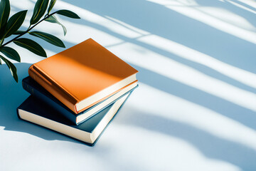 Three books stacked on table with sunlight casting shadows and plant nearby