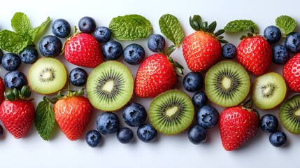 Obraz premium Vibrant mixed fruits like strawberries, kiwis, and blueberries on a clean white background, 4K seamless design.
