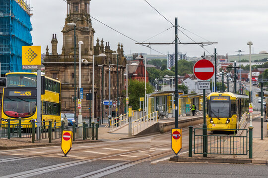 Bus and tram transport at Oldham Mumps Station, Greater Manchester, England, UK