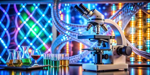 Microscope with beakers and colourful light background, Scientific Research, laboratory ,science,research