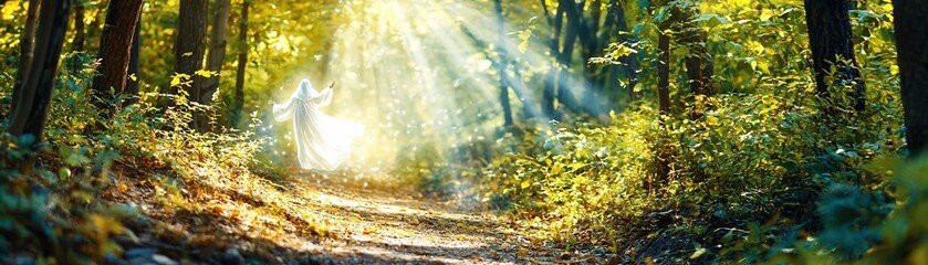 Naklejka premium Woman in White Robe Floating Through Sunlit Forest Path