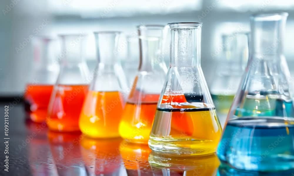 Poster scientific glassware with colorful liquids on modern laboratory table : generative ai