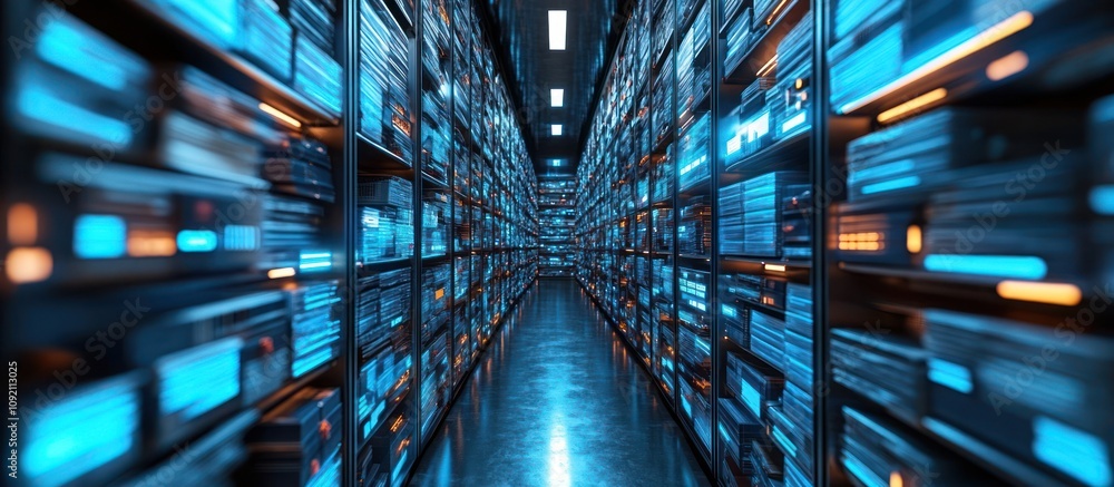 Poster a long corridor with server racks on both sides. the racks are filled with servers and the lights ar