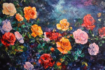 Fototapeta premium A vibrant oil painting depicting a blooming garden of roses in various shades of pink, red, yellow, and orange.