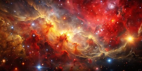 Cosmic Dance Red and Gold Nebula with Starry Sky, Space, Astronomy