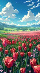 Vibrant red tulips bloom in a vast field under a sunny sky.