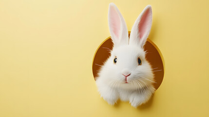 Obraz premium A Cute Easter Bunny with Fluffy White Fur Peeking Through a Round Hole in a Bright Yellow Background, Exuding Cheerful Spring Vibes.