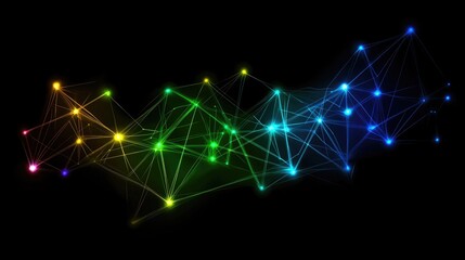 Obraz premium Vibrant Rainbow Network: Nodes Connect, Forming Abstract Shapes, Glowing Brilliantly in Dark Space. Digital Art's Mesmerizing Beauty.