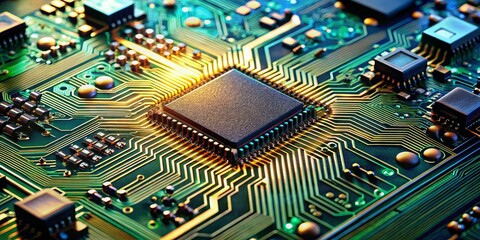 Obraz premium Close-up of a Circuit Board with a Processor, Green and Gold, Technology, Microchip, Circuitry, Electronics, Computer