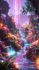 Magical glowing waterfall cascading through vibrant fantasy landscape with lush vegetation and glowing flowers.