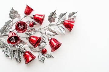 Fototapeta premium Festive red bells and silver leaves on a white background.
