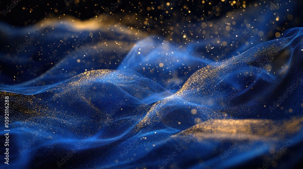 Poster abstract blue and gold particles with windblown effect, creating a flowing, dynamic artistic backgro