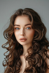 Fototapeta premium An attractive woman with long, curly hair in dark brown color is posing for the camera on a gray background.